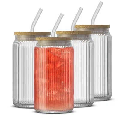 Joyjolt Haven Can Glass W/ Bamboo Lids & Straws - Set Of 4, 16oz In Clear