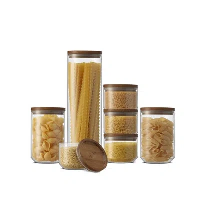 Joyjolt Holden 7-piece Stackable Glass Storage Canister Set With Wood Lids In Clear