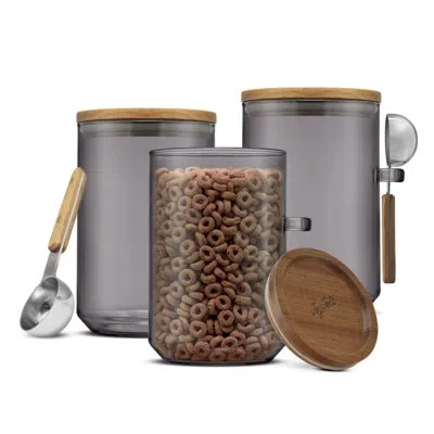 Joyjolt Holden Stackable Glass Storage Canister Set With Wood Lids And Scoops In Gray