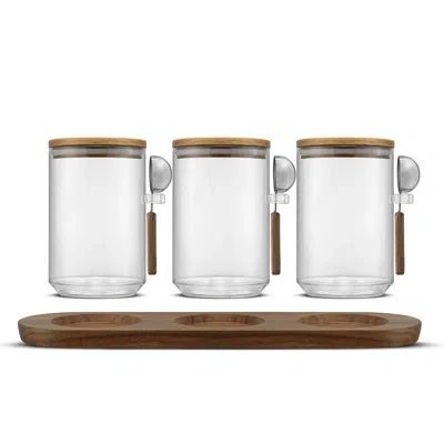 Joyjolt Holden Stackable Glass Storage Canister Set With Wood Lids And Tray In Clear