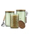 Joyjolt Holden Stackable Glass Storage Canister With Wood Lids And Scoops, Set Of 3 In Green
