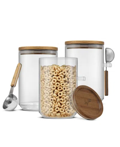 Joyjolt Holden Stackable Glass Storage Canister With Wood Lids And Scoops, Set Of 3 In Transparent