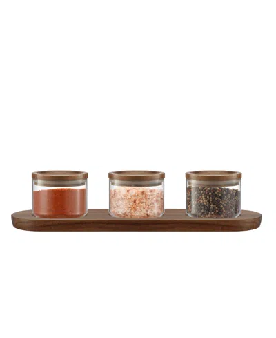 Joyjolt Holden Stackable Glass Storage Canister With Wood Lids And Tray, Set Of 3 In Transparent