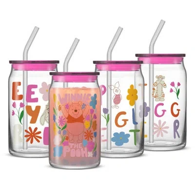 Joyjolt Pooh & Friends Can Tumblers W Lids & Straws, Set Of 4 (16oz) In Multi