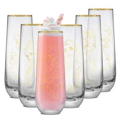 Joyjolt Princess Sketch Art Stemless Flutes, 7oz (set Of 6) In Gold