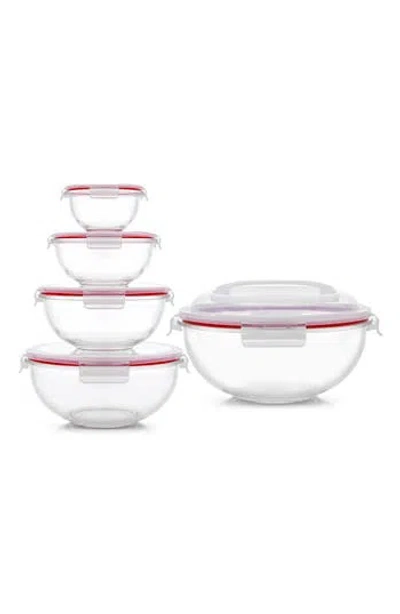 Joyjolt Set Of 5 Nesting Glass Mixing Bowls With Airtight Lids In Burgundy