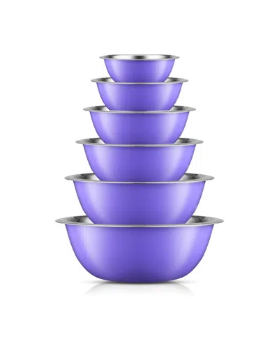 Joyjolt Stainless Steel Mixing Bowl, Set Of 6 In Purple,silver