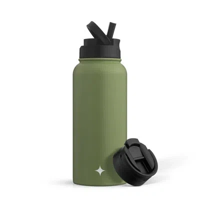 Joyjolt Triple Insulated 32oz Water Bottle With Flip Lid & Sport Straw Lid In Green