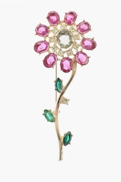 Joys Golden Effect Metal Brooch With Floral Design And Crystals