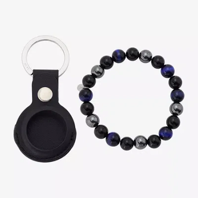 J.p. Army Beaded Bracelet & Air Tag Keychain Mens Genuine Black Agate Stainless Steel 2-pc. Jewelry Set In Silver