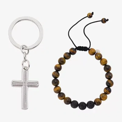 J.p. Army Bolo Beaded Bracelet & Keychain Mens Genuine Brown Tiger's Eye Stainless Steel Cross 2-pc. Jewelry S In Silver