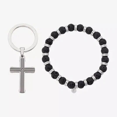 J.p. Army Lava Bead Bracelet & Keychain Mens Genuine Stainless Steel Cross 2-pc. Jewelry Set In Silver