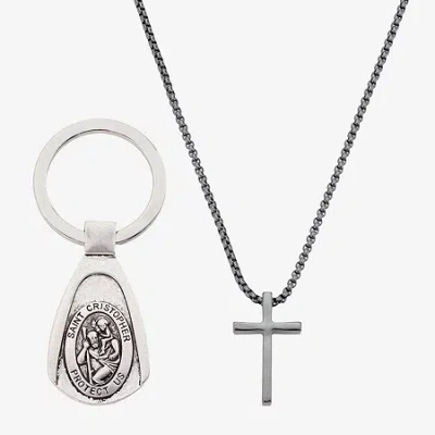 J.p. Army Pendant Necklace & St Christopher Keychain Mens Stainless Steel Cross 2-pc. Jewelry Set In Silver