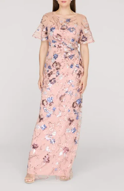 Js Collections Alisa Sequin Embellished Short Sleeve Column Gown In Pink