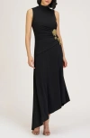 Js Collections Andrea Beaded Floral Detail Asymmetric Hem Gown In Black