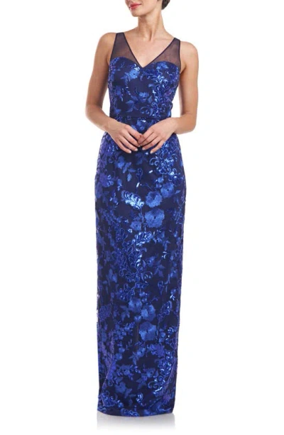 Js Collections Baylor Embroidered Sequin Sleeveless Gown In Navy/ Royal Blue