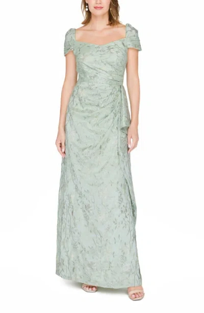 Js Collections Blossom Cascade Embroidered Pleated Gown In Blue