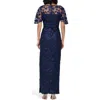 Js Collections Brooke Floral Embroidered Column Gown In Navy