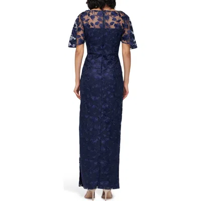Js Collections Brooke Floral Embroidered Column Gown In Navy