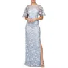 Js Collections Brooke Floral Embroidered Column Gown In Silver/ Azure