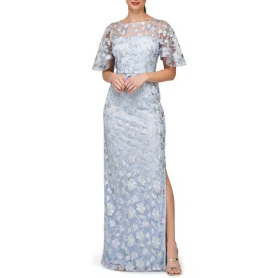 Js Collections Brooke Floral Embroidered Column Gown In Silver/ Azure