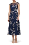 Js Collections Brynn Floral Embroidered Mesh Dress In Navy/ Blush