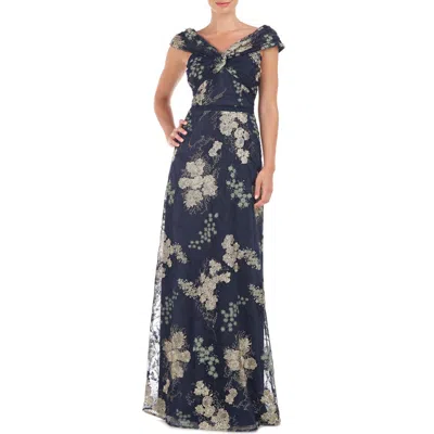Js Collections Camilla Twist Floral Embroidered A-line Gown In Navy/ Jade