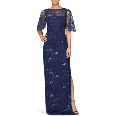 Js Collections Daphne Embroidered Sequin Column Gown In Blue