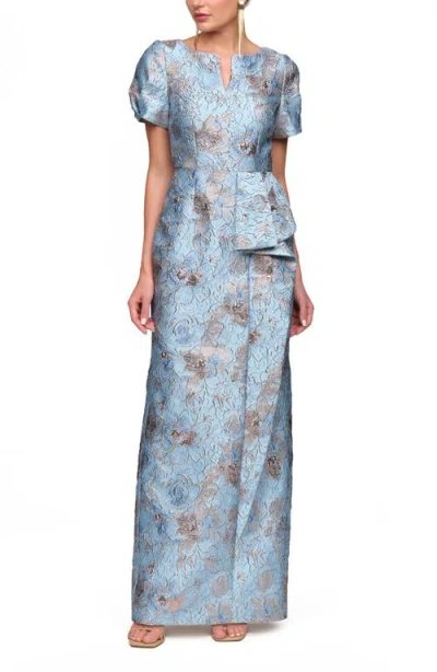 Js Collections Daria Floral Puff Sleeve Column Gown In Blue