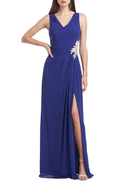 Js Collections Devyn V-neck Evening Gown In Deep Navy/teal
