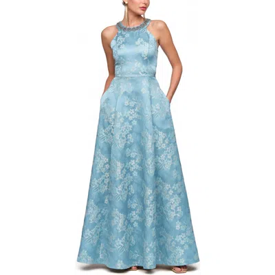 Js Collections Donatella Floral Jacquard Gown In Blue