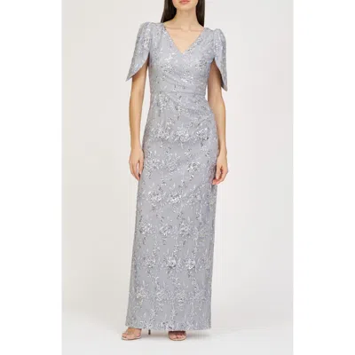 Js Collections Elena Floral Embroidered Column Gown In Silver
