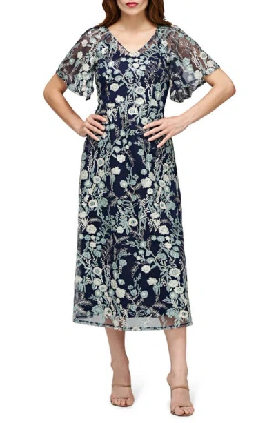 Js Collections Elsie Floral Embroidered Midi Dress In Navy/ Sage