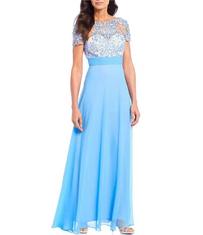 Js Collections Embroidered Floral Illusion Mesh Chiffon Gown In Blue