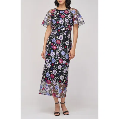 JS COLLECTIONS JS COLLECTIONS EMBROIDERED FLORAL MESH COCKTAIL DRESS