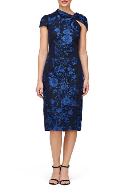 Js Collections Everleigh Floral Embroidered Cocktail Dress In Navy/ Indigo