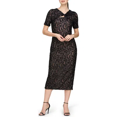 Js Collections Farrah Sequin Short Sleeve Cocktail Dress In Black/blush