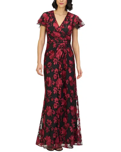 Js Collections Fauna Floral Embroidered Flutter Sleeve Gown In Red