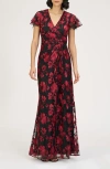 Js Collections Fauna Floral Embroidered Flutter Sleeve Gown In Multi