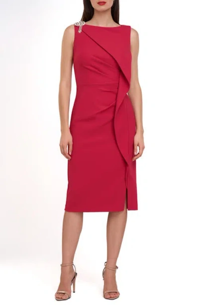Js Collections Fern Crystal Detail Cascade Ruffle Crepe Cocktail Midi Dress In Cerise
