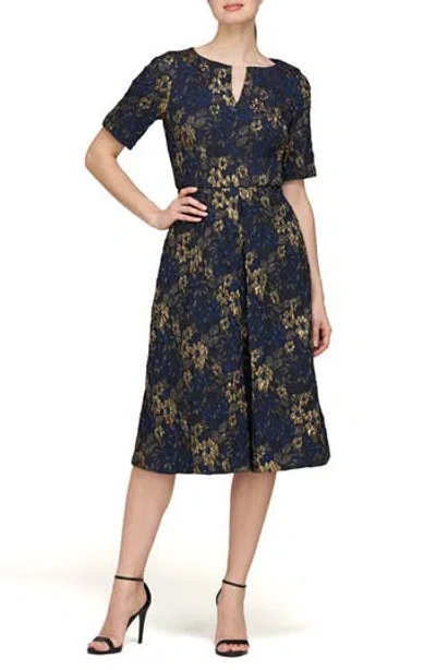 Js Collections Florence Jacquard Cocktail Dress In Deep Navy/gold