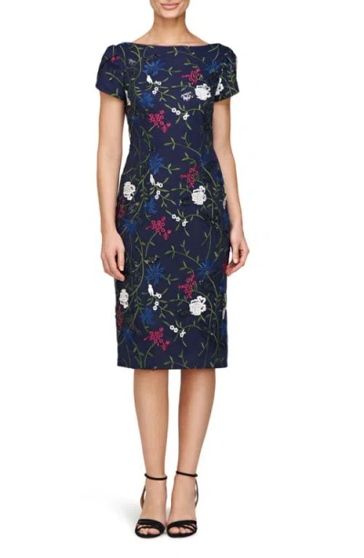 Js Collections Harmony Floral Embroidered Sheath Cocktail Dress In Navy