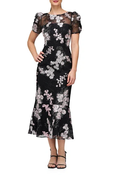 Js Collections Hope Floral Embroidered Cocktail Dress In Black/ Blush