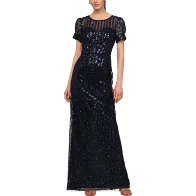 Js Collections Ivetta Sequin Stripe Illusion Neck Column Gown In Black