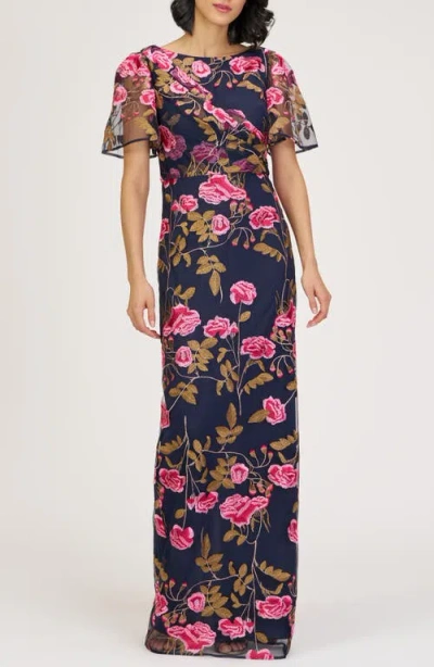Js Collections Kristine Floral Embroidery Column Gown In Multi
