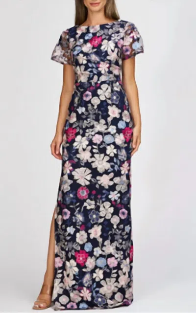 Js Collections Magnolia Pleat-sleeve Gown In Navy Multi In Pattern