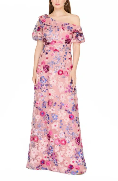 Js Collections Marigold Embroidered One-shoulder Puff Sleeve Gown In Multi