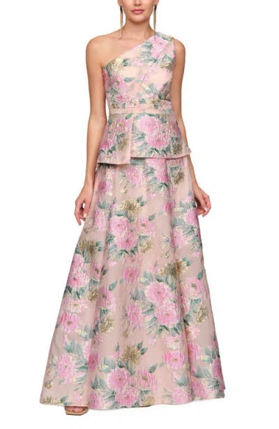 Js Collections Mia One Shoulder Floral Metallic Jacquard Peplum Gown In Pink