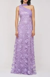 Js Collections Nola Embroidered Floral Scarf Detail One-shoulder Gown In Purple