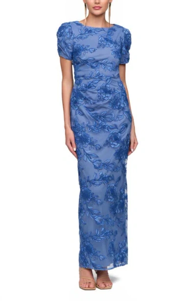 Js Collections Oriana Embroidered Puff Sleeve Column Gown In Blue